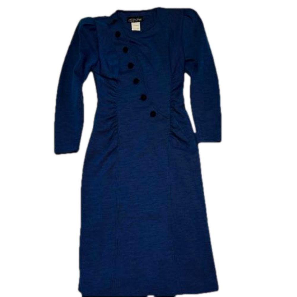 All That Jazz Vintage 90's Navy Midi Dress Size 5/6 Puffed Sleeve Shoulder Pads - Picture 14 of 14